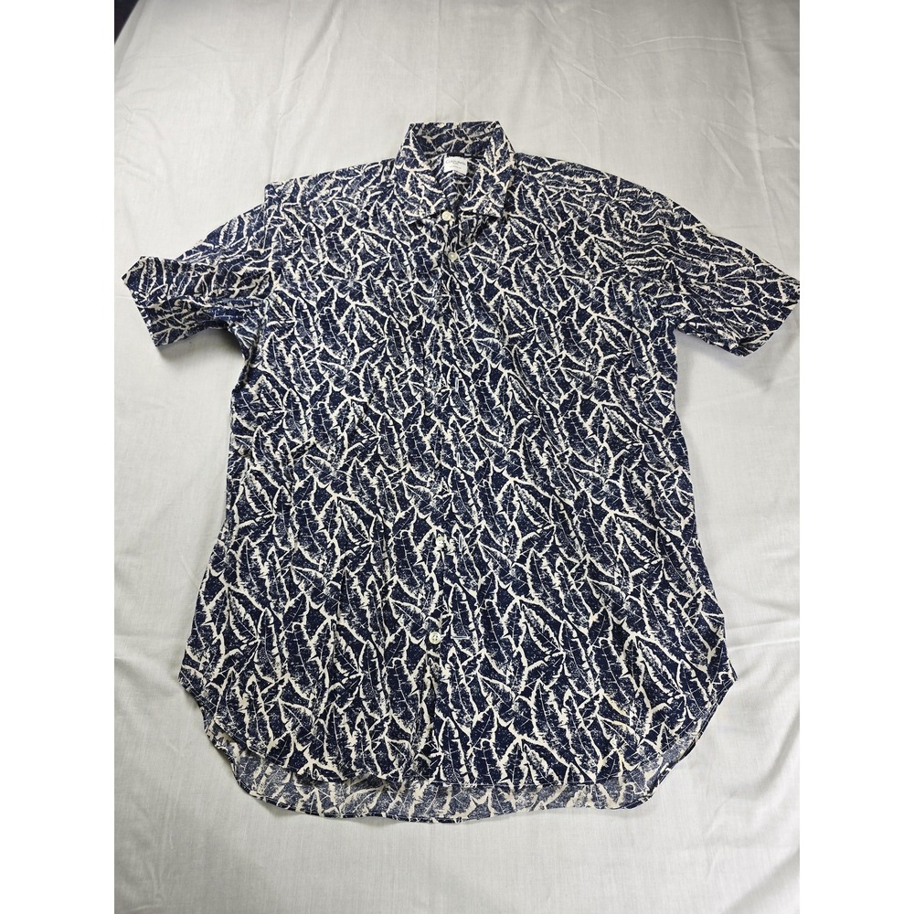 Culturata Shirt Mens Medium Blue Leaf Print Short‎ Sleeve Button Up Made Italy
